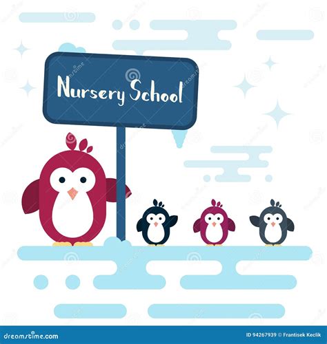 Flat Penguins Characters Stylized As a Nursery School on the South Pole ...