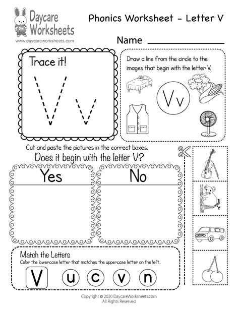 Free Printable Letter V Beginning Sounds Phonics Worksheet for Preschool