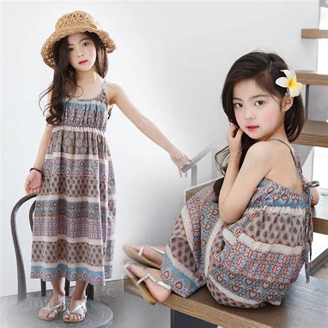 holiday beach 2018 summer girl dresses children maxi long summer girls clothes sleeveless print ...