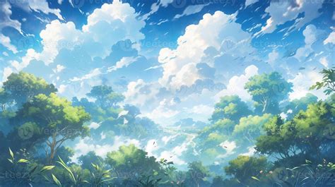 anime scenery of a forest with a blue sky and clouds. generative ai ...