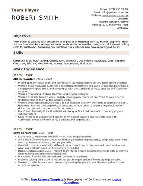 Team Player Resume Samples | QwikResume