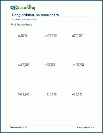 Long division, no remainders, 4-digit by 2-digit worksheets | K5 Learning