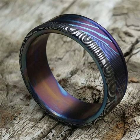 8mm damascus steel ring HawaiianTitanium lined Timascus ring Mokuti & – JBlunt Designs, Inc.