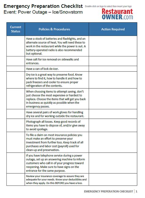 Emergency Preparation Checklist - Power Outage/Snowstorm