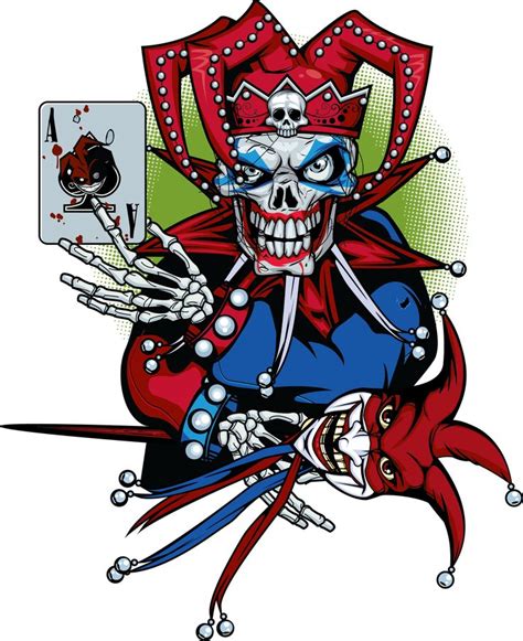 a skeleton dressed as a jester playing cards on a white background with ...