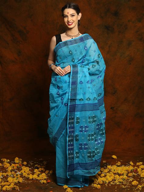 Cotton Blue Tangail Saree from Bengal | Exotic India Art