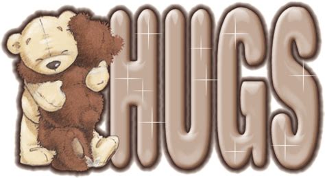 a brown teddy bear sitting on the word hugs
