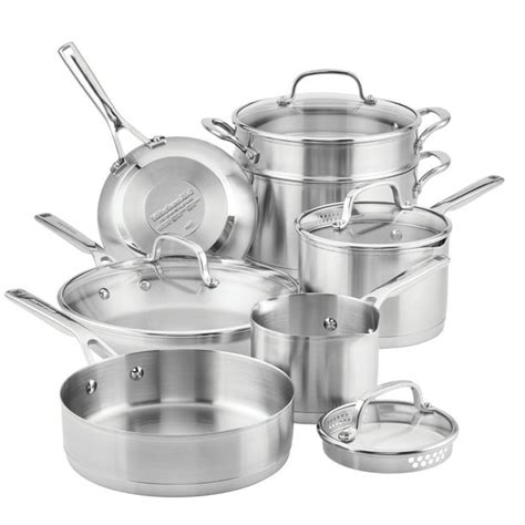 KitchenAid 11-Piece 3-Ply Base Stainless Steel Pots and Pans/Cookware Set, Brushed Stainless ...