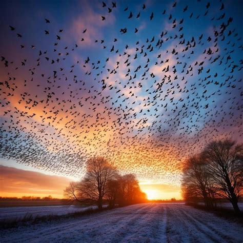 Premium AI Image | beautiful large flock of starlings