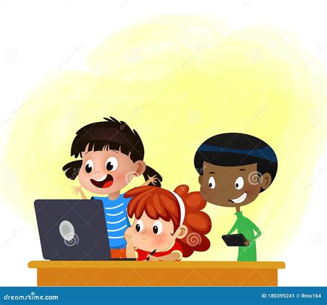 Kids Friends Playing on Laptop Computer at Home Together Stock Vector - Illustration of homework ...