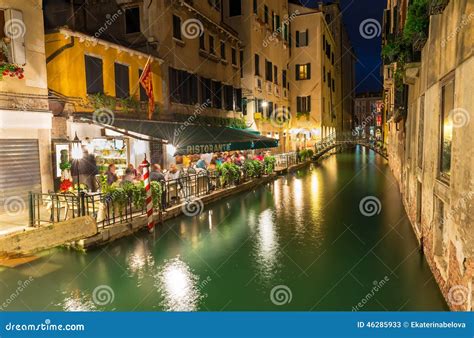 Night View of Canal and Restaurant in Venice Stock Image - Image of ...