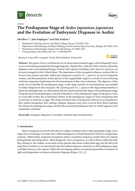 (PDF) The Prediapause Stage of Aedes japonicus japonicus and the Evolution of Embryonic Diapause ...