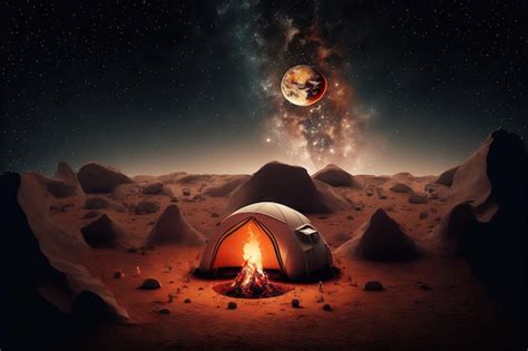 Premium AI Image | Tent and campfire on mars with earth planet in night ...