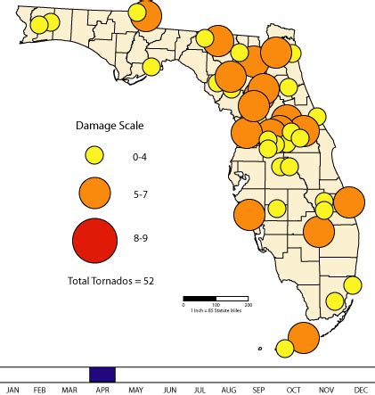 Animated Maps of Florida Tornadoes, 1950-1995