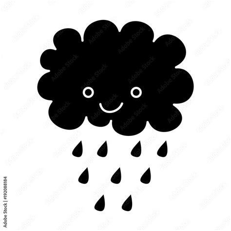 cute cartoon happy cloud rain drops vector illustration black and white design Stock Vector ...