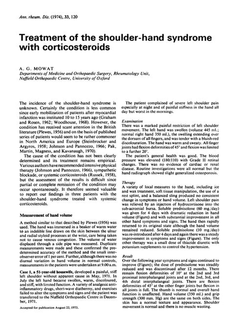 Treatment of the shoulder-hand syndrome with corticosteroids. | Annals of the Rheumatic Diseases