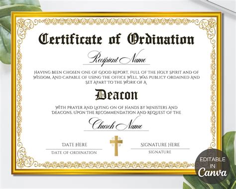 Deacon Ordination Certificate Template Printable Certificate - Etsy