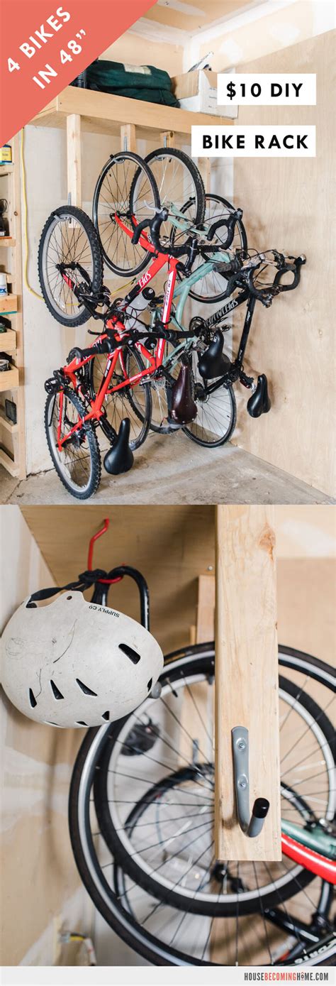 Make a space-saving DIY Bike Rack that stores four bikes in 48" of space. This bike rack is easy ...