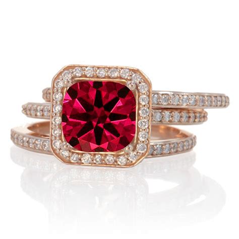 2.50 Carat Perfect Princess cut Ruby and Diamond Trio Halo Wedding Ring Set on 10k Rose Gold ...