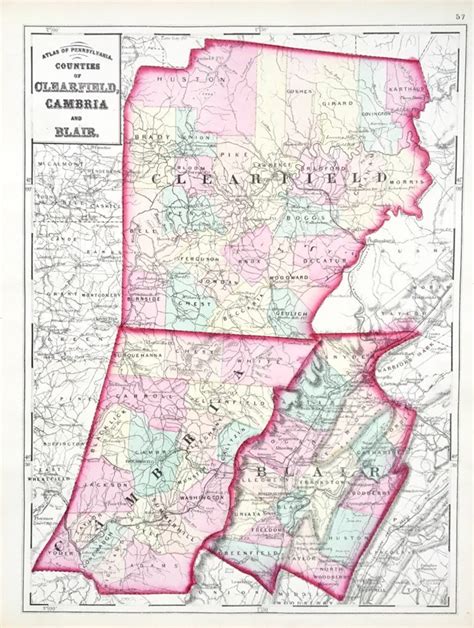 Clearfield County Map, Original 1872 Atlas of Pennsylvania, Cambria ...