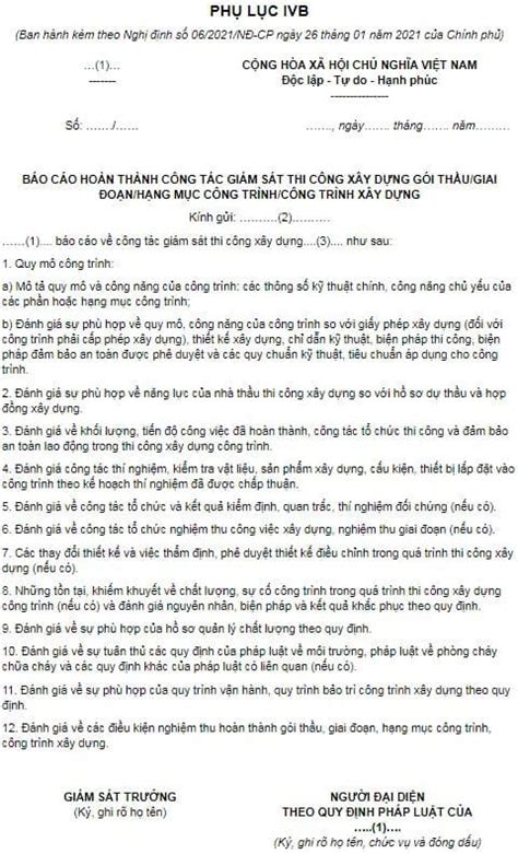 Mẫu báo cáo hoàn thành công tác giám sát thi công xây dựng công trình được quy định như thế nào ...