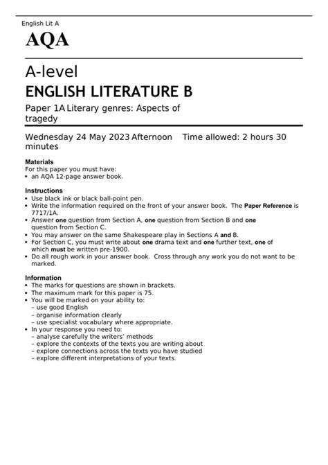 AQA A level ENGLISH LITERATURE B Paper 1A MAY 2023 QUESTION PAPER AND MARK SCHEME - Stuvia US