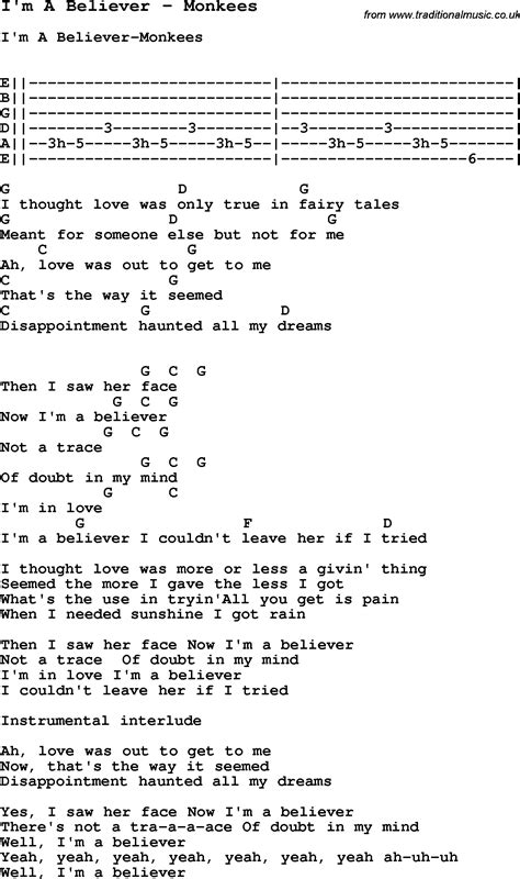 Song I'm A Believer by Monkees, song lyric for vocal performance plus ...