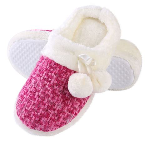 Women's Slip-on Knit Weave Plush Slippers With Pom Poms Bedroom House ...