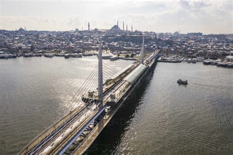 Turkey, Istanbul, Aerial view of Golden Horn Metro Bridge stock photo