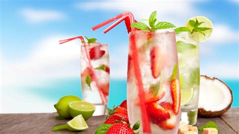 Cold drinks, cocktails, mojito, fruits, strawberry, lemon, coconut ...