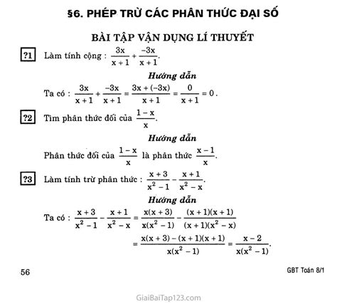 Giải bài tập Toán 8 §6. Phép trừ các phân thức đại số