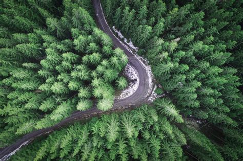 Empty road in a forest from a drone | High-Quality Nature Stock Photos ~ Creative Market