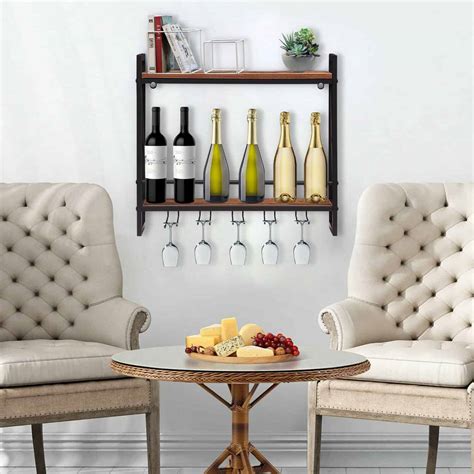 Wall-Mounted Wine Bottle Rack Storage Shelf with Wine Glass Holder ...