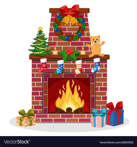 Fireplace of brick decorated with socks christmas Vector Image