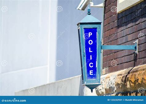 Vintage Blue Police Sign Attached To the Building`s Wall in Blue Color ...