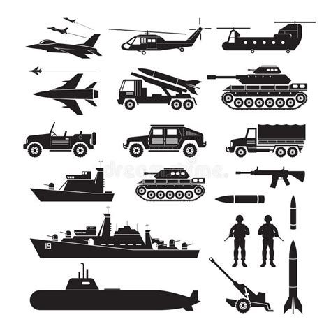 Military Vehicles Object Silhouette Set, Side View Stock Vector - Illustration of army, symbols ...