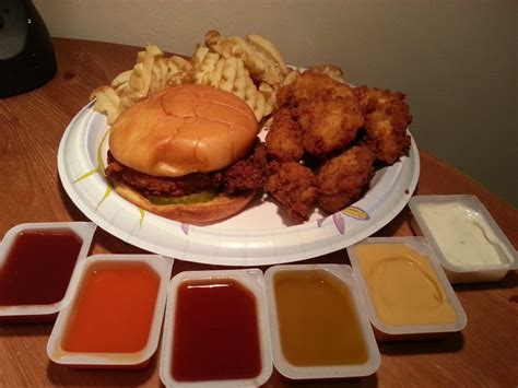 Spicy Chicken Sandwich, 4 Chicken Strips, Large Fries, all sauces (bbq ...