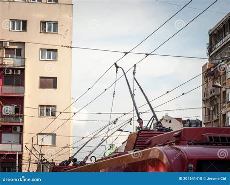 Detail of the Power Pole and Pantograph of a Trolleybus Connecting the Vehicle To the Electrical ...