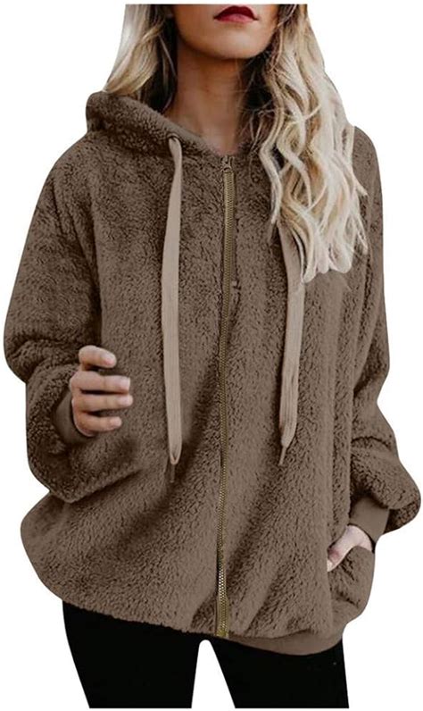 Womens Plus Size Fleece Full Zip Hoodie Casual Furry Jacket Baggy Hooded Wool Sweatshirts Warm ...