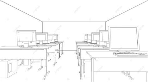 Computer Class With Tables And Computers Table Computer Interior Vector, Table, Computer ...