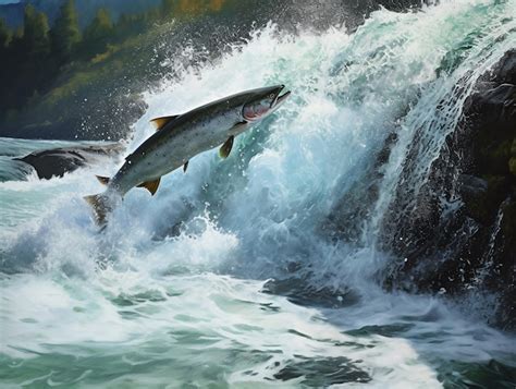 Premium Photo | Salmon jumping waterfall alaska