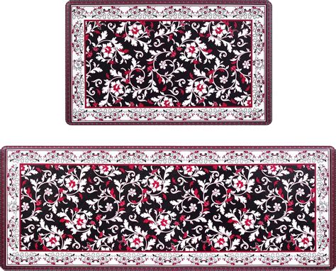 Waipfaru Red Floral Doormat Sets of 2 Bohemian Anti Fatigue Kitchen ...