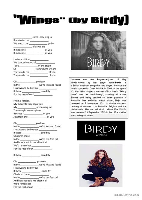 Song: "Wings" by Birdy song and nurs…: English ESL worksheets pdf & doc