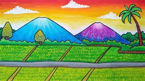 Menggambar pemandangan sawah dan gunung || Belajar menggambar ...