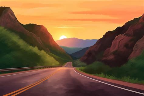 Premium Photo | A painting of a road with a sunset in the background.