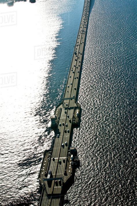 Aerial view of floating bridge over lake, Seattle, Washington, United States - Stock Photo ...