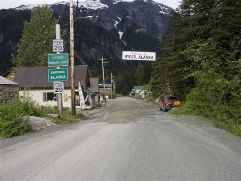 Main Street in Hyder, Alaska as viewed from the United States/Canada border