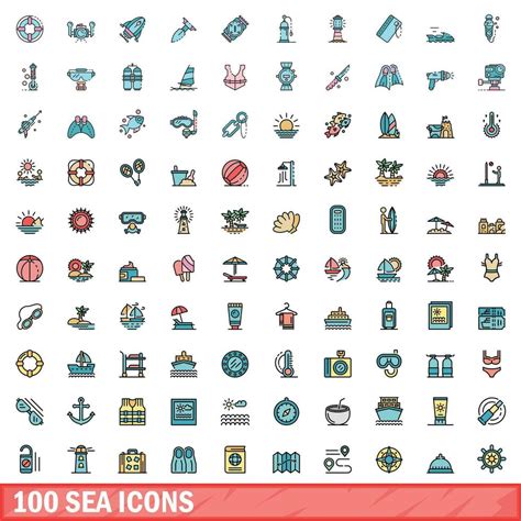 100 sea icons set, color line style 35532510 Vector Art at Vecteezy