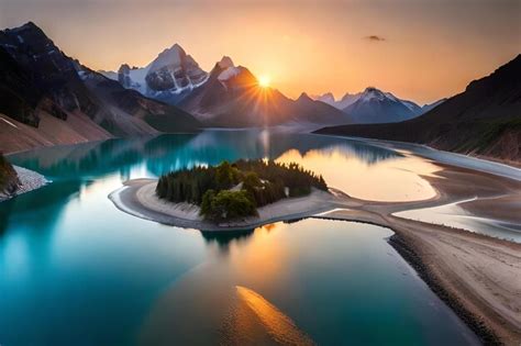 Premium AI Image | A sunset over a mountain lake