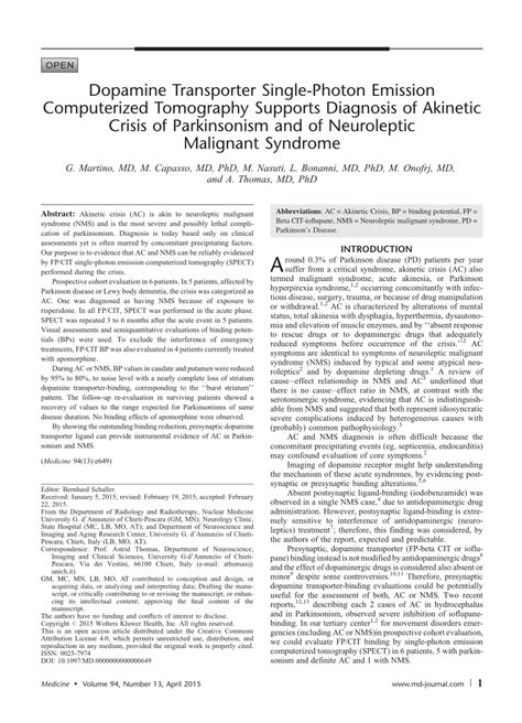 (PDF) Dopamine Transporter Single-Photon Emission Computerized Tomography Supports Diagnosis of ...